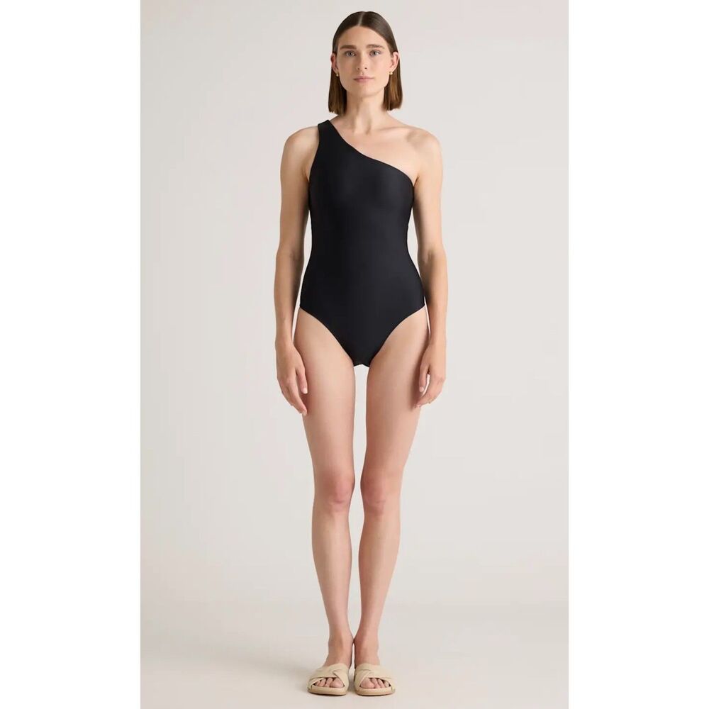 Quince Italian One Shoulder Swimsuit Womens Medium Sun Protection Black NWT